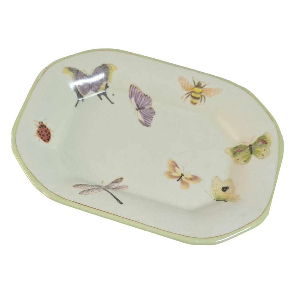 Vintage Style Ceramic Insect Trinket Dish Butterfly Bee Dragonfly Green Tray